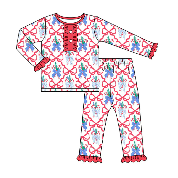 Preorder (moq 5)Baby Girls Long Ruffle Sleeves Red Bows Gingerbread Plaid Top Pant Pajamas Set 5.20