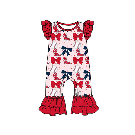 Preorder (moq 5)Baby Girls Red Flutter Sleeves Baseball Bows Ole Miss Ruffle Pant Team Rompers 6.16