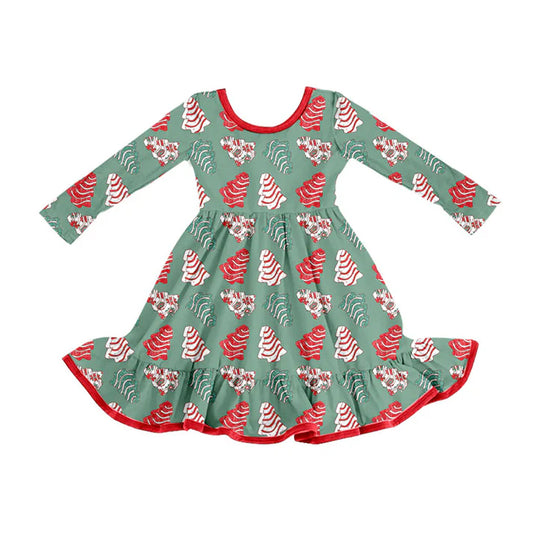 Preorder (moq 5)Baby Girls Green Red Stripe Trees Christmas Ruffle Knee Length Dresses 9.4