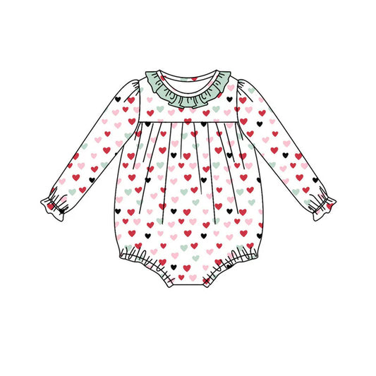 Preorder (moq 8)Baby Girls Long Ruffle Sleeve Colorful Hearts Valentine Rompers 9.19