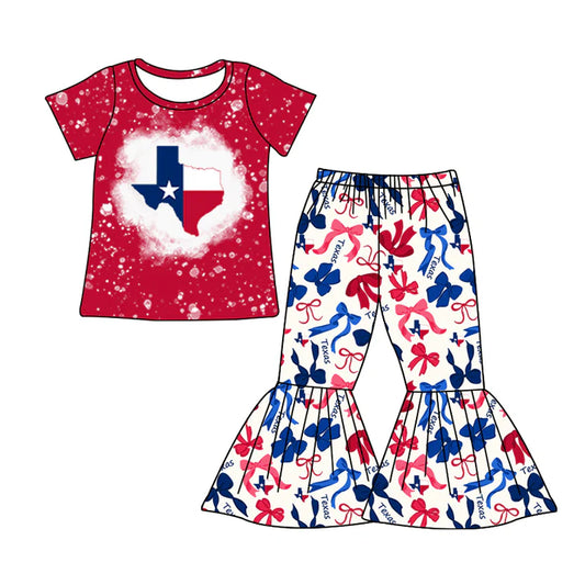 Preorder MOQ 5 bleached red T top bow pants girls team clothes 8.25