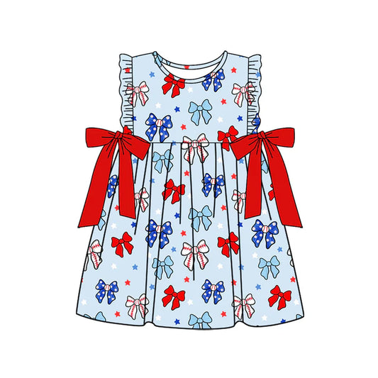 Preorder (moq 5)Baby Girls Sleeveless Blue Red Bows Stars 4th Of July Knee Length Dresses 4.23