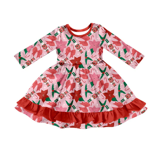 Preorder (moq 8)Baby Girls Red Soldiers Holly Bows Christmas Ruffle Knee Length Dresses 9.23