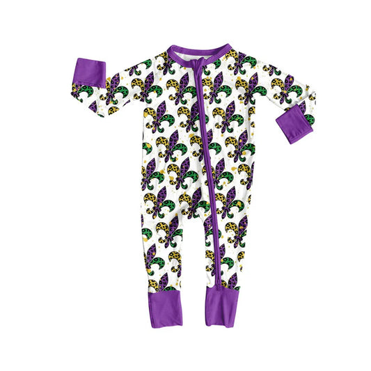 Preorder (moq 8)Baby Girls Anchors Checked Mardigras Zipper Footie Rompers 9.10