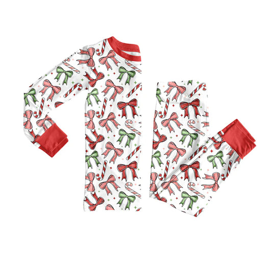 Preorder(moq 5) Baby Girls Christmas Red Green Bows Top Pants Lounge Wear Pajamas Sets 8.15