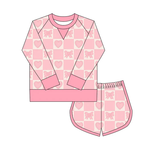 Preorder(moq 8)Baby Girls Pink Bows Hearts Checked Long Sleeve Top Shorts Valentine Clothes Set 9.27
