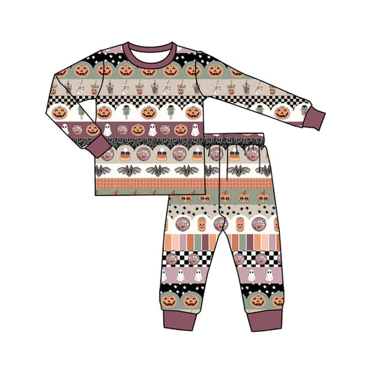 Preorder (moq 5)Baby Boys Lavender Long Sleeves Ghost Pumpkins Stripe Top Pant Pajamas Set 6.2