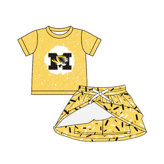 Preorder (moq 5)Baby Girls Yellow Short Sleeves Missouri Tiger Top Drip Skorts Team Set 6.17