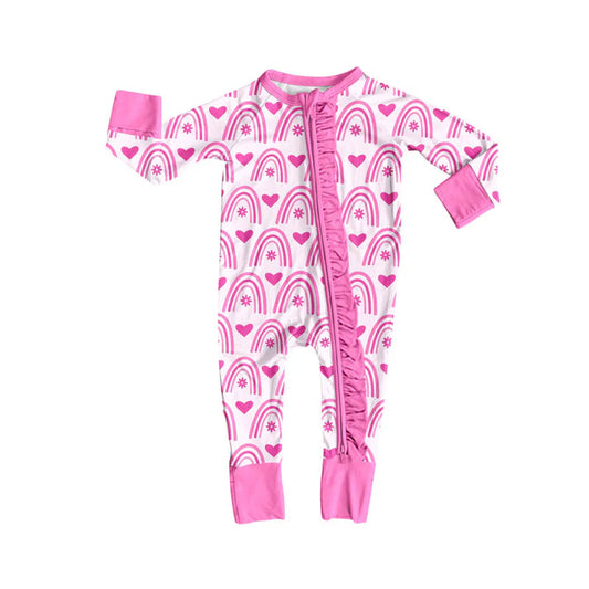 Preorder (moq 8)Baby Boys Pink Rainbows Hearts Valentine Ruffle Zipper Footie Rompers 9.15
