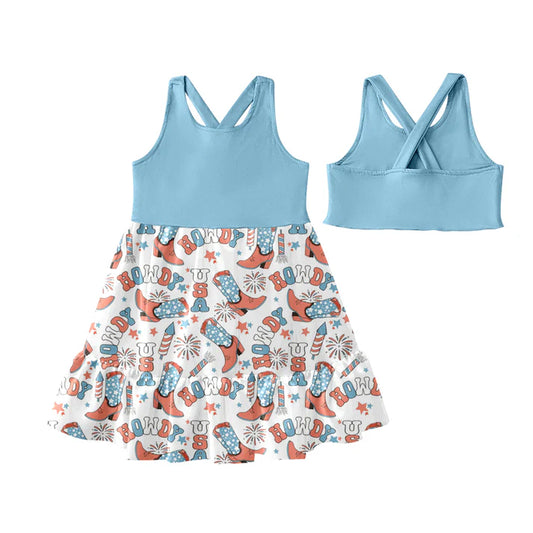 Preorder (moq 5)Baby Girls Blue Sleeveless Boots Fireworks Patchwork 4th Of July Knee Length Dress 4.25