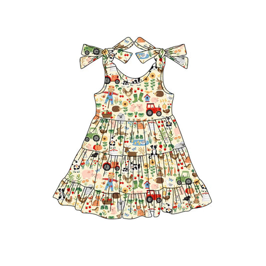 Preorder (moq 5)Baby Girls Strap Cows Rabbits Floral Farm Knee Length Dresses 4.24