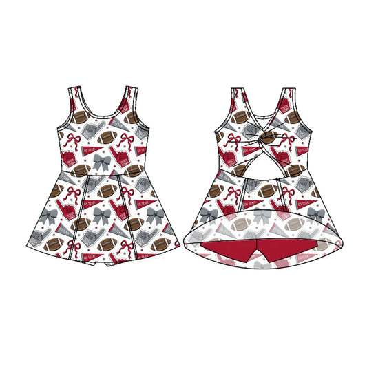 Preorder (moq 5)Baby Girls Sleeveless Red Bows Footballs Shorts Team Knee Length Dresses 7.17