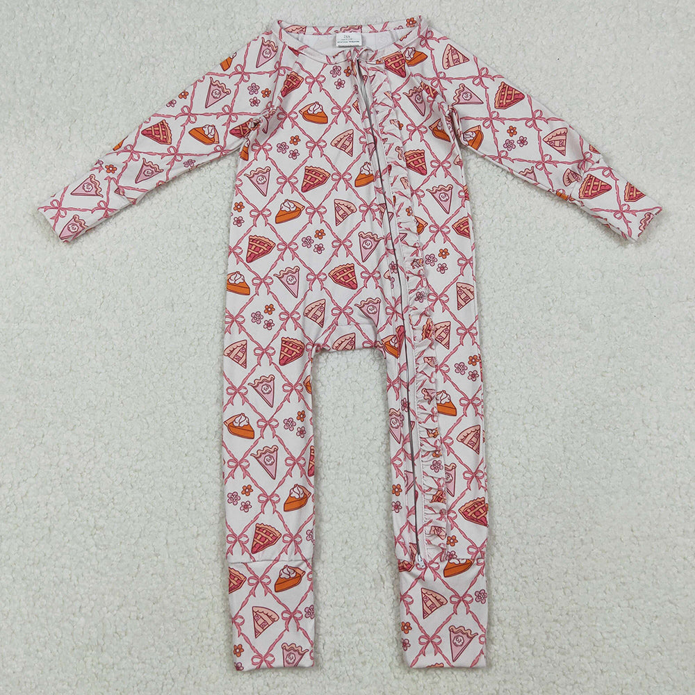 Baby Girls Rompers Pink Bows Thanksgiving Cake Fall Zipper Footie Rompers LR2594 9.13