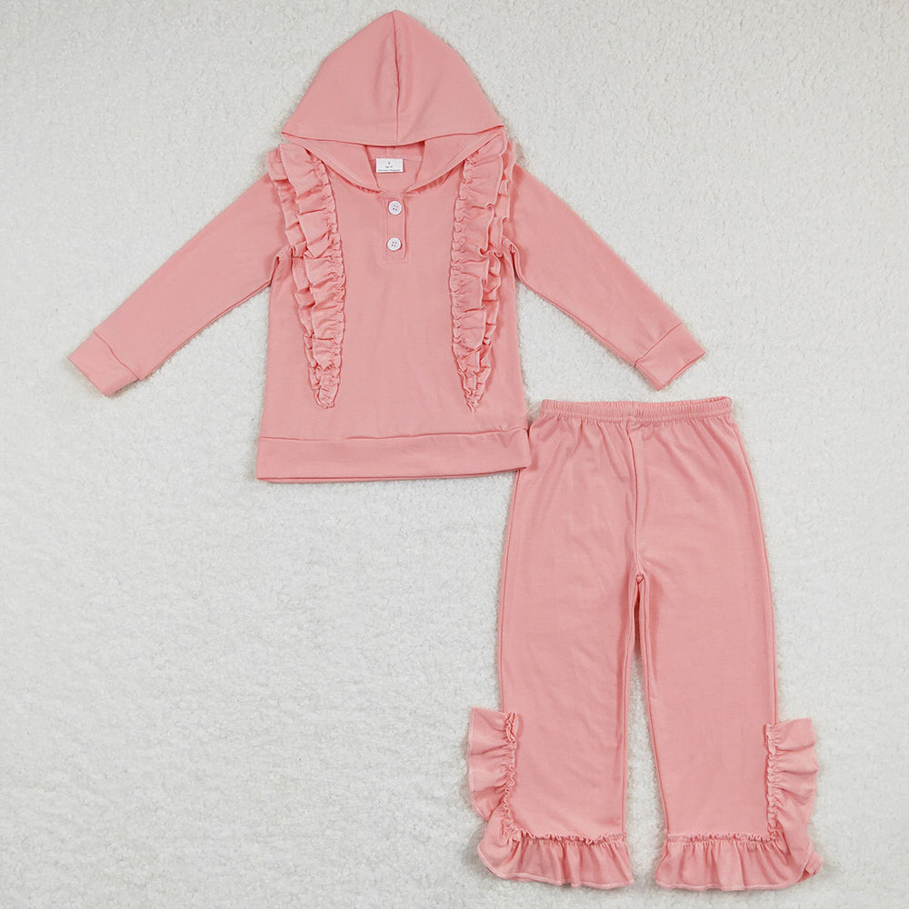 Baby Girls Clothes Boutique Pink Hooded Ruffle Top Pants Sets GLP0894