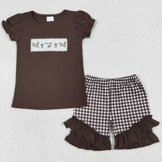Baby Girls Clothes  Short Ruffle Sleeves Ducks Embroidery Top Shorts Sets GSSO2672 7.7