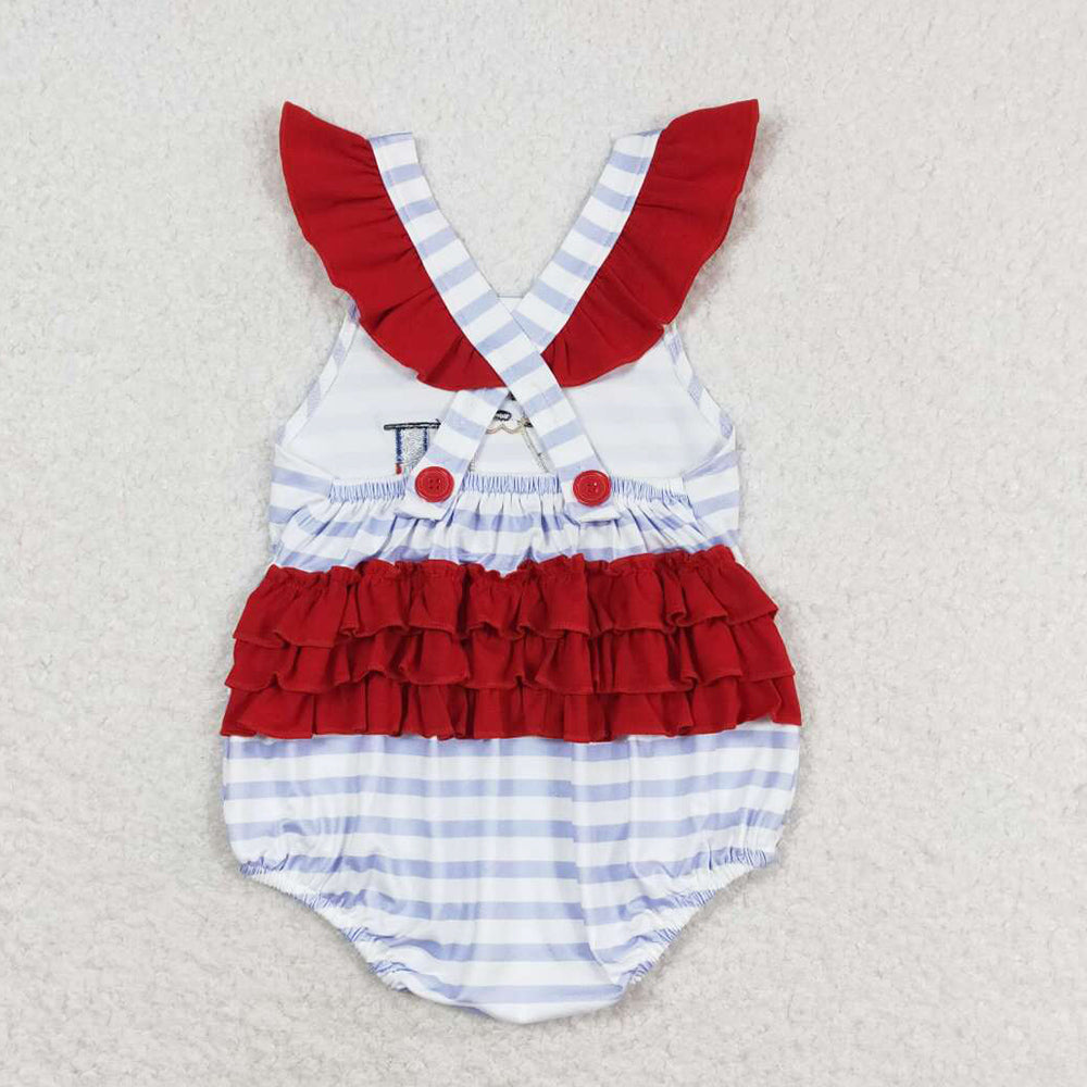 Baby Infant Girls Rompers Blue Stripes Dog Flag Straps Summer Rompers SR1081