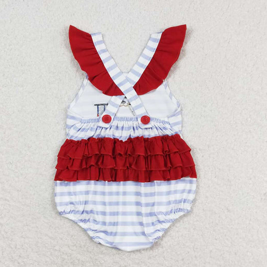 Baby Infant Girls Rompers Blue Stripes Dog Flag Straps Summer Rompers SR1081