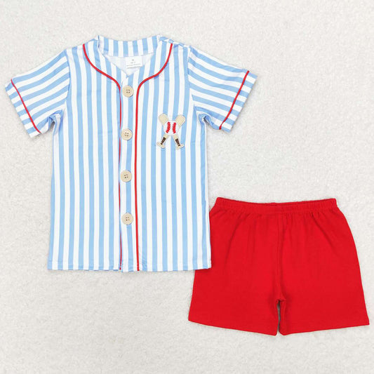 Baby Boys pajamas Blue Baseball Stripes Shirt Top Red Shorts Sets BSSO0800