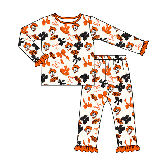 Preorder MOQ 5 Long sleeves O S U orange bows kids girls team pajamas 8.21
