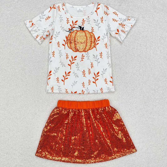 Baby Girls Clothes Pumpkin Shirt Sequin Skirts Sets GSD1437