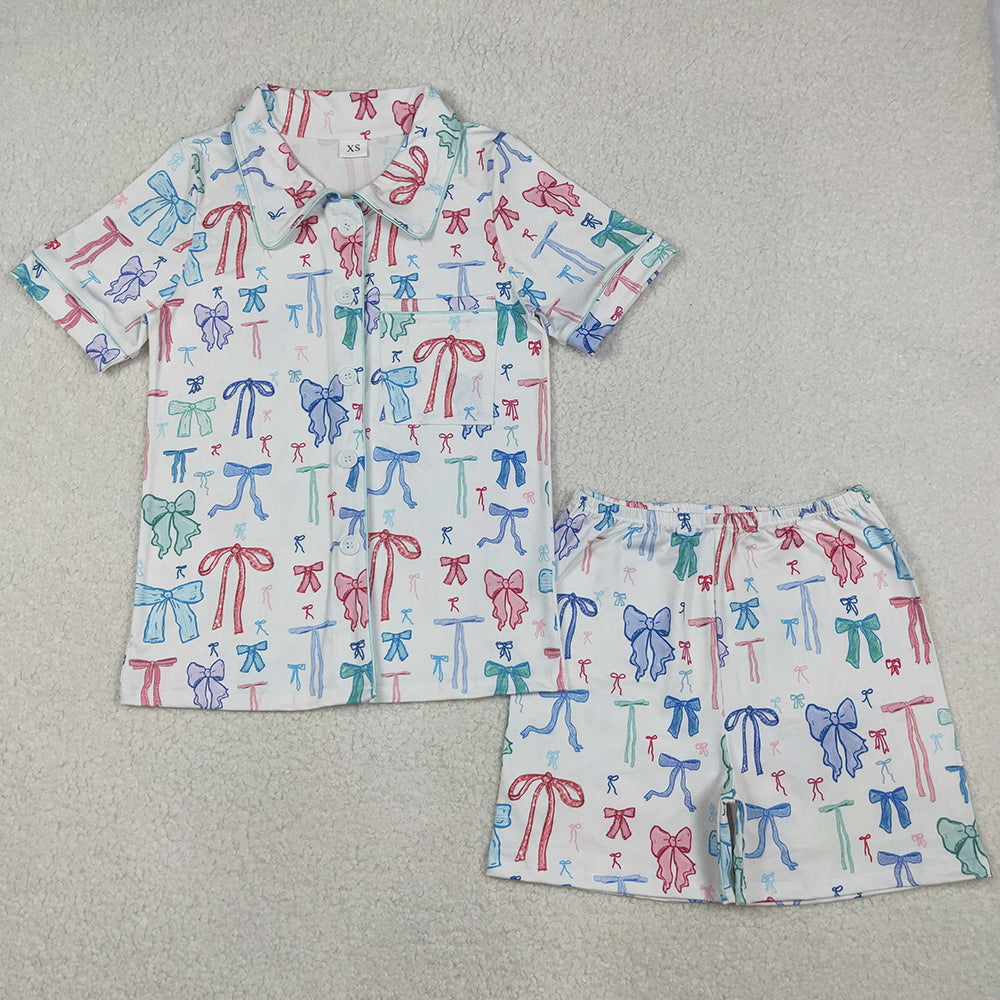 Adult Women Pajamas Colorful Bows Lapel Buttons Tops Shorts Pajamas GSSO2216 11.7
