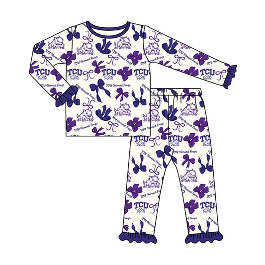 Preorder MOQ 5 Long sleeves T C U purple bows kids girls team pajamas 8.21