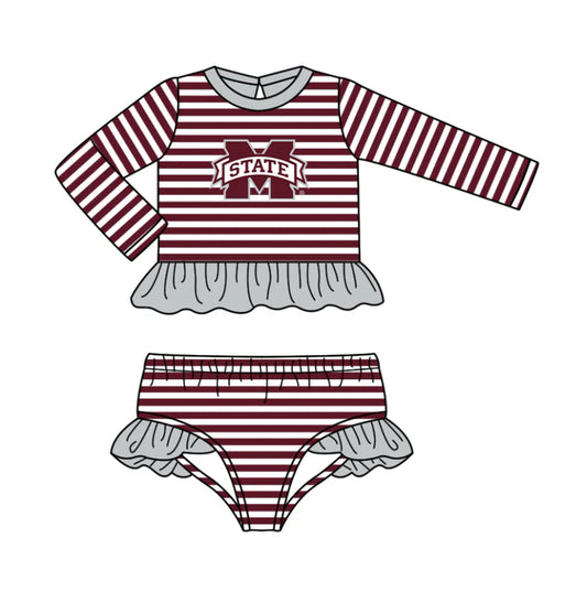 Preorder (moq 5)Baby Girls Red Stripe M State Ruffle Top Bummies Team 2 Piece Swimsuits 12.25
