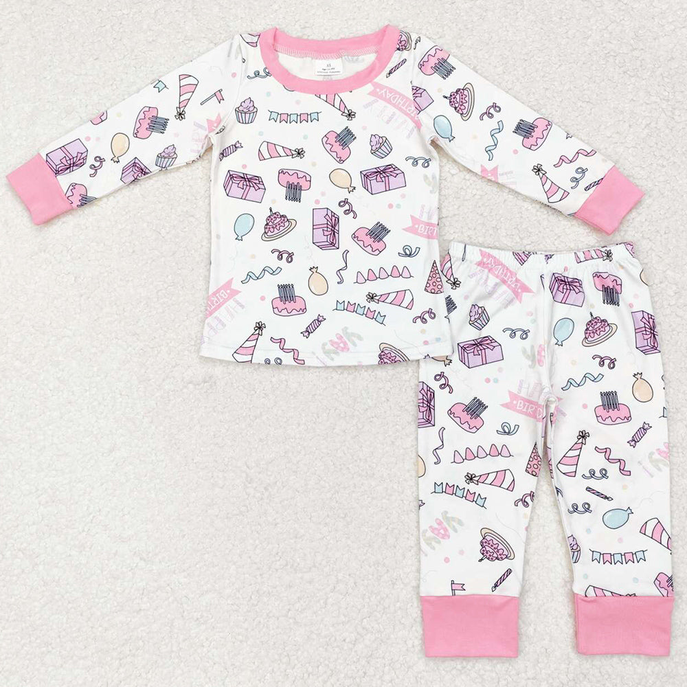 Baby Girls Pajamas Happy Birthday Pink Shirt Pants Pajamas Sleepwear Sets GLP1190