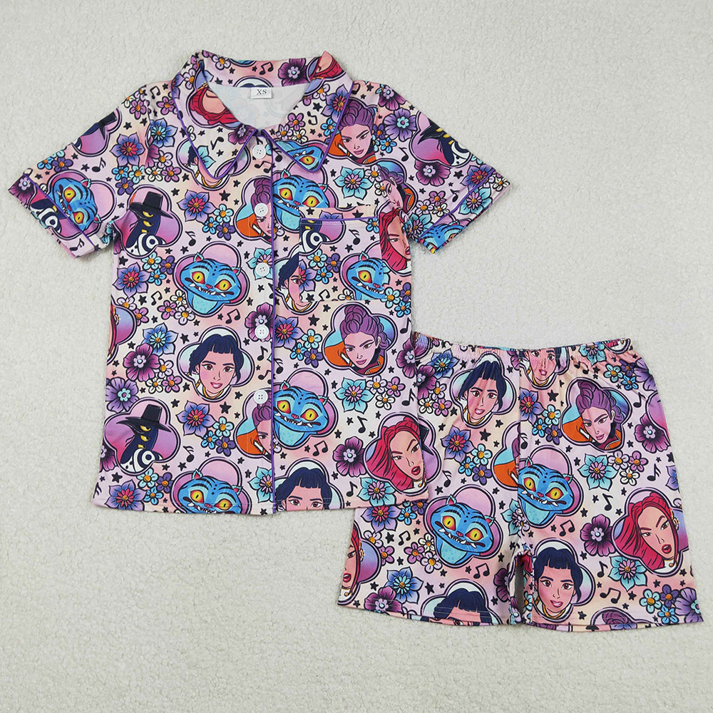 Adult Women Pajamas Cartoon Demon Hunter Flowers Button Top Shorts Pajamas Set GSSO2770 11.22