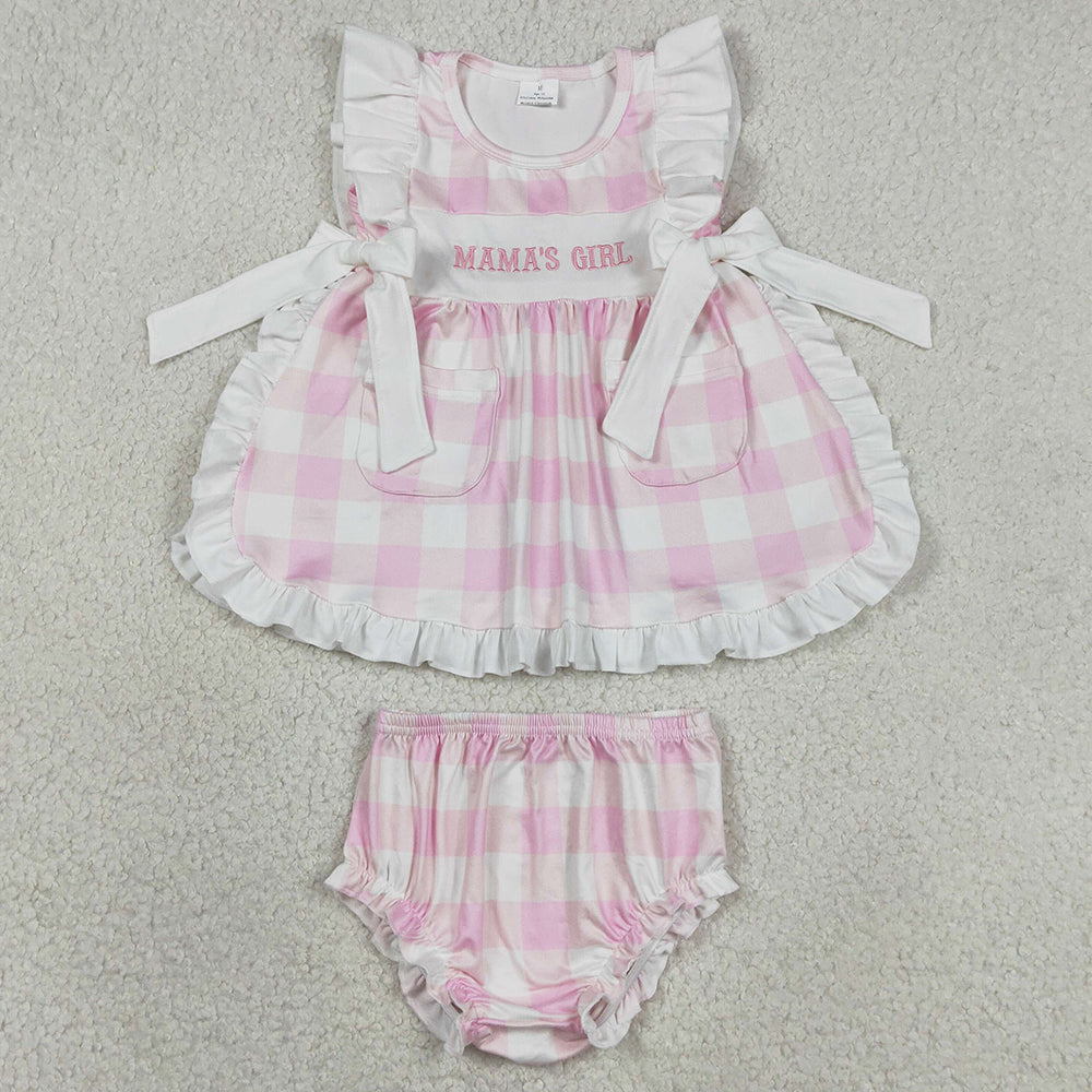 Baby Girls Clothes Embroidery Mama's Girl Pink Checked Pockets Tunic Bummies Clothes Sets GBO0495
