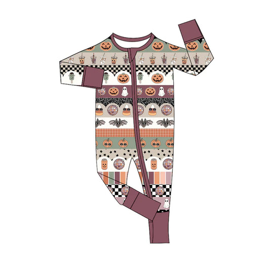 Preorder (moq 5)Baby Girls Dark Brown Long Sleeves Ghost Pumpkins Stripes Zipper Rompers 6.4