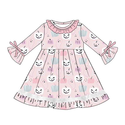 Preorder (moq 5)Baby Girls Pink Long Ruffle Sleeves Pumpkins Ghosts Knee Length Dresses 5.20