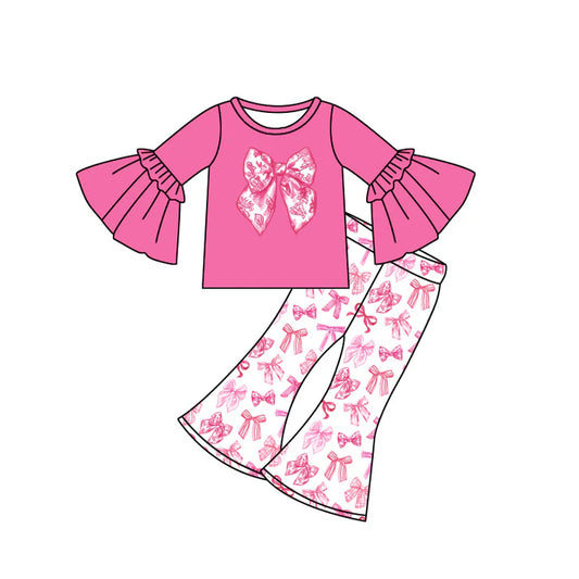 Preorder (moq 5)Baby Girls Pink Bell Long Sleeves Flower Bows Top Bell Bottom Pants Set 7.29