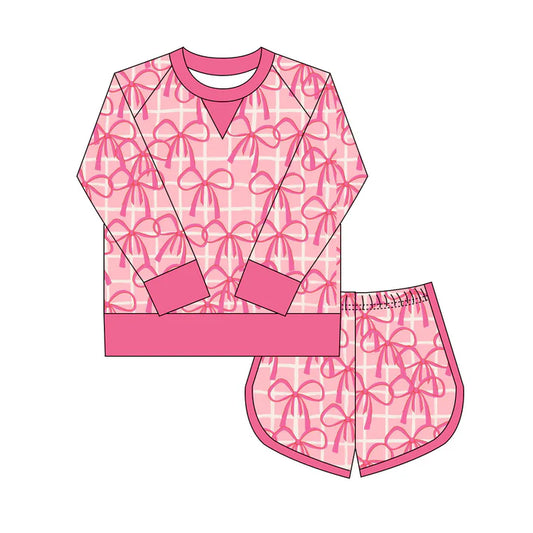 Preorder(moq 8)Baby Girls Pink Bows Checked Long Sleeve Top Shorts Valentine Clothes Set 9.27