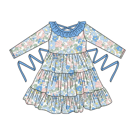 Preorder moq 5 Baby Girls Long Sleeves Blue Floral With Belt Ruffle Knee Length Dresses 5.2