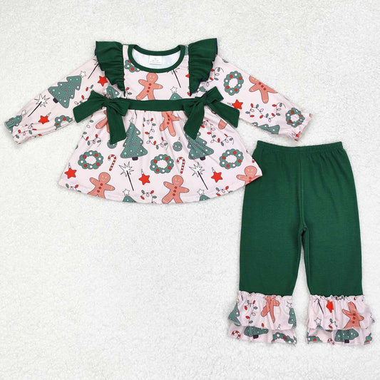 Baby Girls Clothes Christmas Gingerbread Bows Tunic Top Ruffle Pants Sets GLP1254