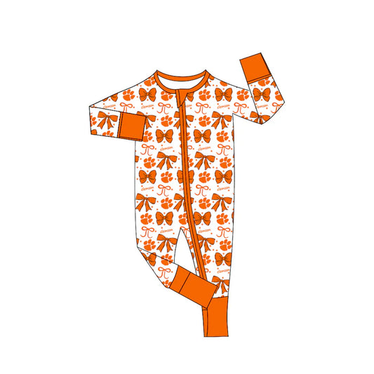 Preorder(moq 5)Baby Girls Orange Clemson Bows Zipper Footie Rompers 8.29