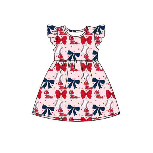 Preorder (moq 5)Baby Girls Flutter Sleeves Baseballs Bows Ole Miss Team Knee Length Dresses 6.16