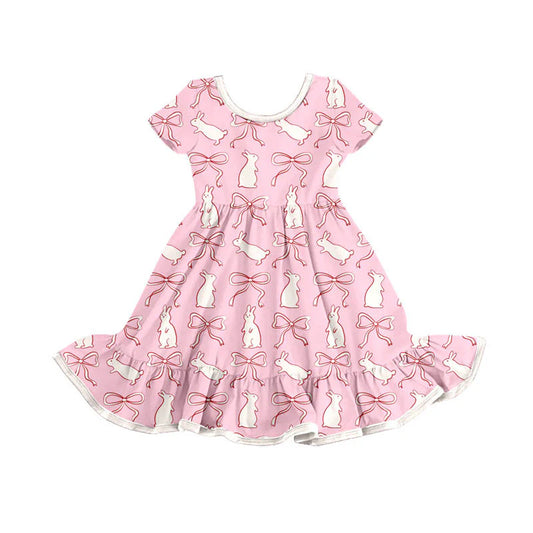 Preorder(moq 8)Baby Girls Pink Bows Rabbits Plaid Easter Ruffle Knee Length Dresses 9.30