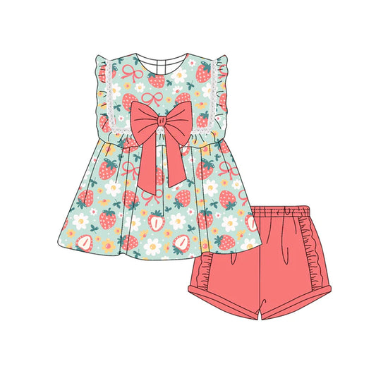 Preorder moq 5 Baby Girls Sleeveless Peach Bows Strawberry Tunic Ruffle Short Set 4.18