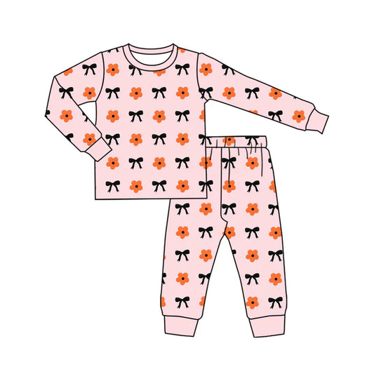 Preorder (moq 5)Baby Girls Pink Flowers Bows Plaid Top Pant Pajamas Set 7.31