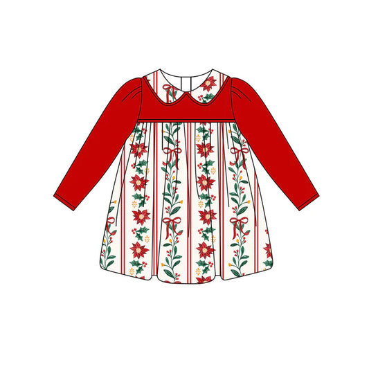 Preorder (moq 5)Baby Girls Red Long Sleeves Flowers Bows Stripe Knee Length Dresses 6.12