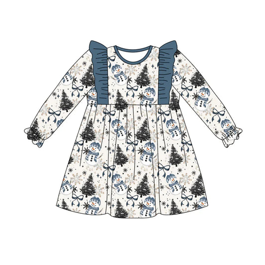 Preorder (moq 5)Baby Girls Long Ruffle Sleeves Blue Bows Snowman Plaid Knee Length Dress 7.28