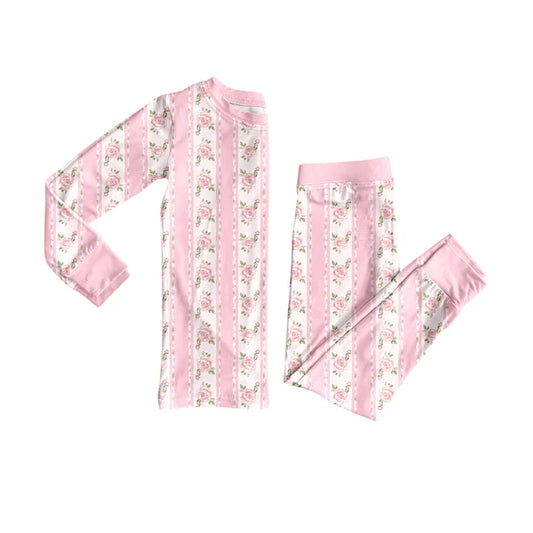 Preorder(moq 5) Baby Girls Long Sleeves Pink Flowers Stripe Top Pants Pajamas Set 7.24