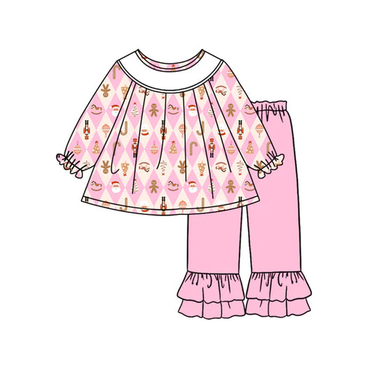 Preorder (moq 5)Baby Girls Pink Long Sleeves Gingerbread Plaid Tunic Ruffle Pant Set 6.18