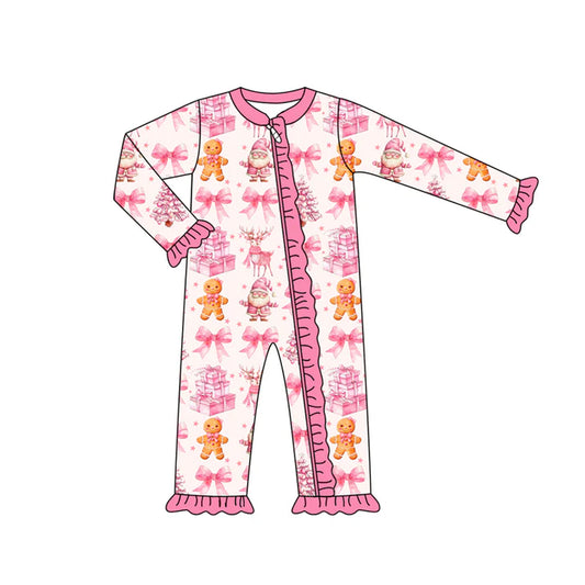 Preorder (moq 5)Baby Girls Long Sleeves Pink Bows Santa Gingerbread Ruffle Zipper Pant Romper 7.3