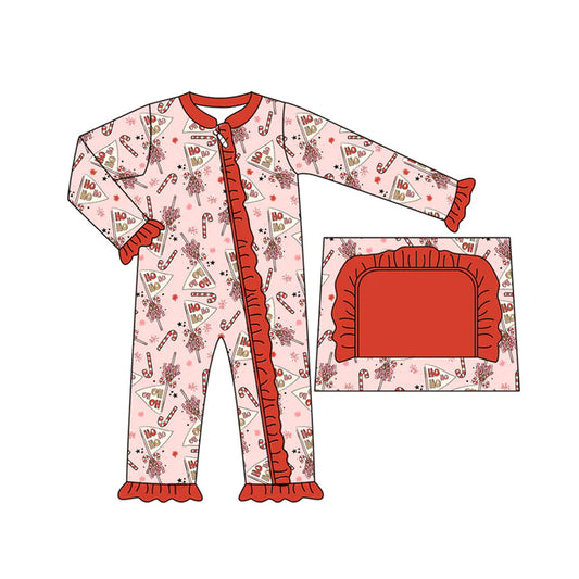Preorder moq 5 Baby Infant Girls Long Sleeves Red Bows Candy Cane Ruffle Zipper Romper 7.14