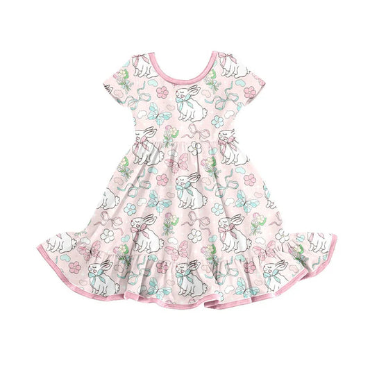 Preorder(moq 8)Baby Girls Rabbits Bows Flowers Easter Ruffle Knee Length Dresses 9.30