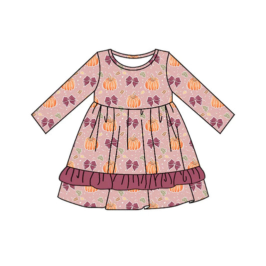 Preorder moq 5 Baby Girls Lavender Long Sleeves Bows Pumpkins Ruffle Knee Length Dresses 5.2