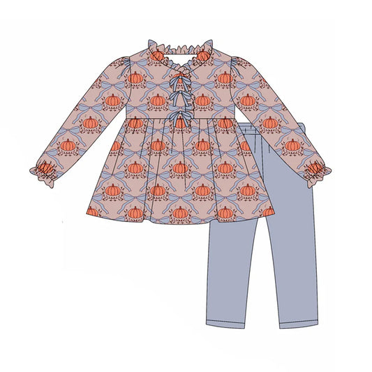 preorder(moq 5) Baby Girls Long Ruffle Sleeves Bows Pumpkins Plaid Tunic Legging Pants Set 7.25